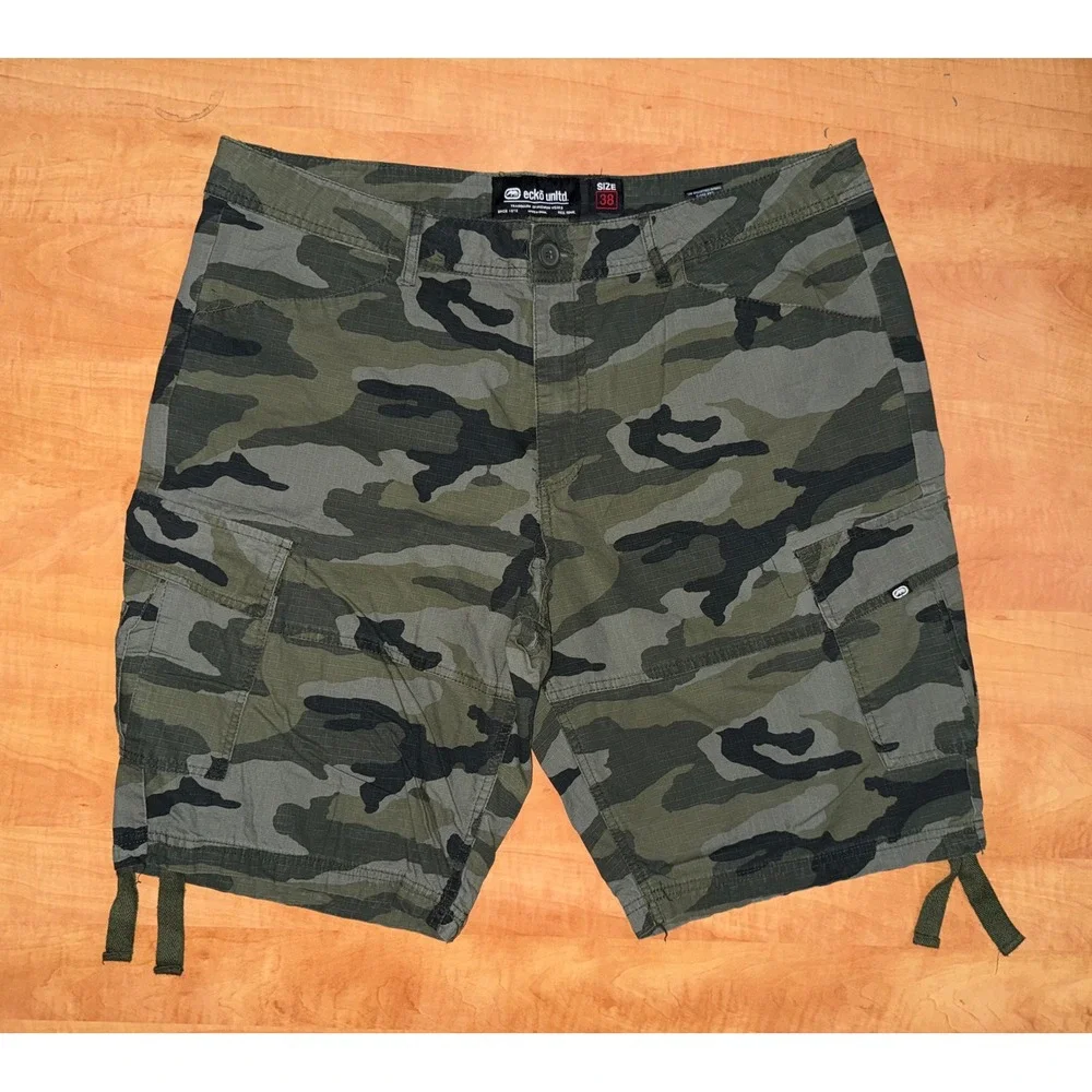 Ecko Unltd Mens Camo Cargo Shorts Size 38 Green Woodland Ripstop Utility Y2K